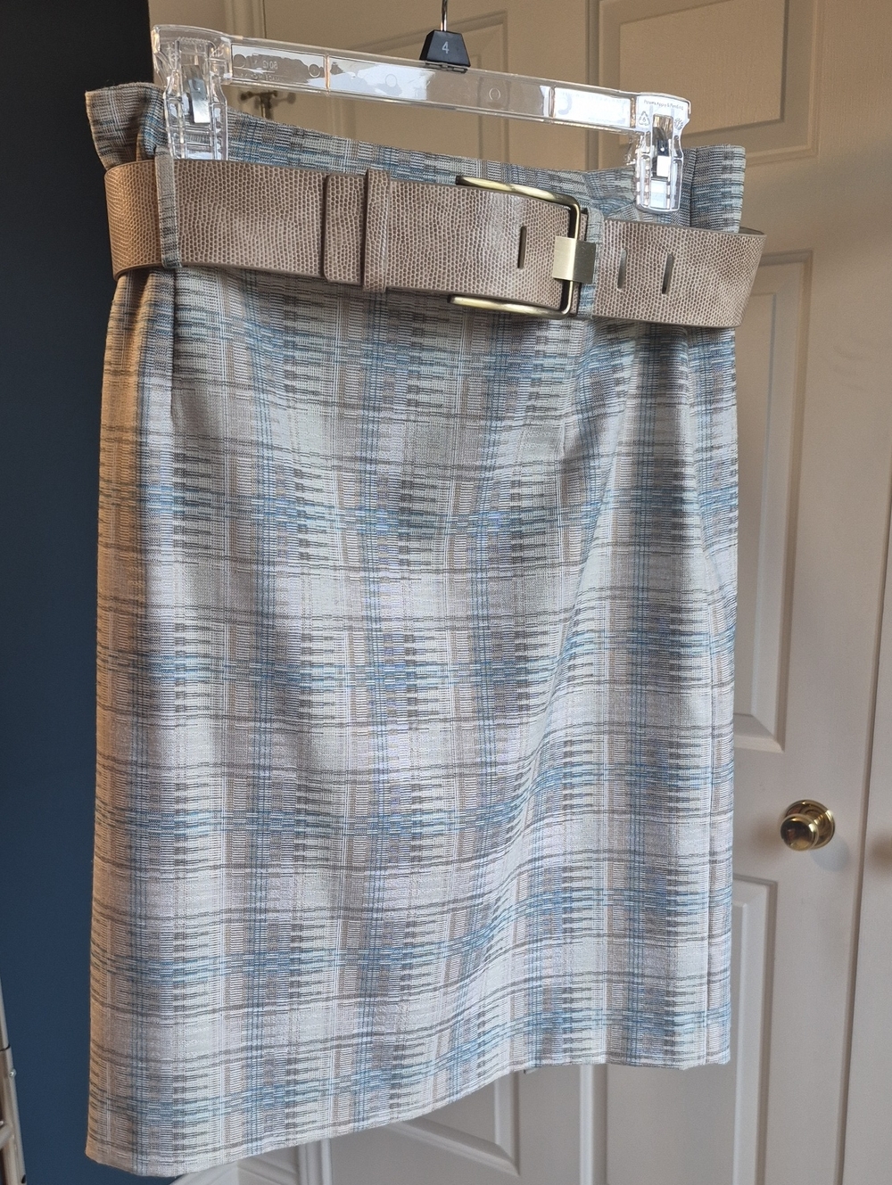 ANTONIO MELANI Cream and Light Blue Plaid Pencil Skirt with Tan Belt
